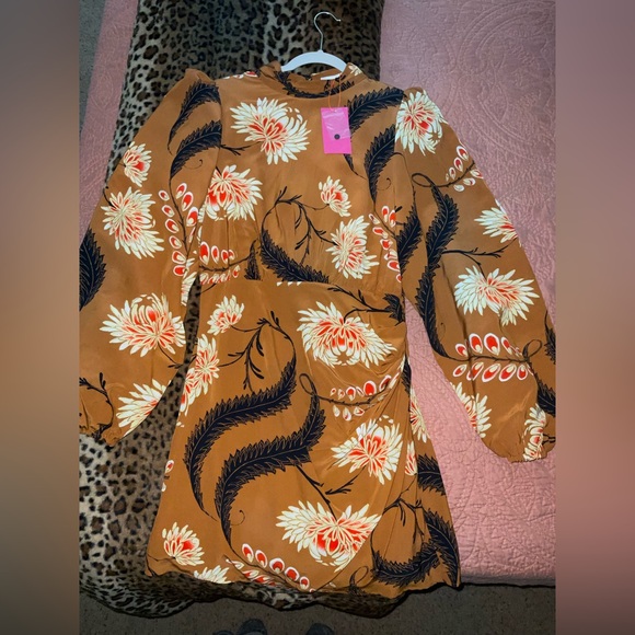 RHODE Cinnamon Brown Floral Mini Dress with Cream & Black Accents - Picture 2 of 10